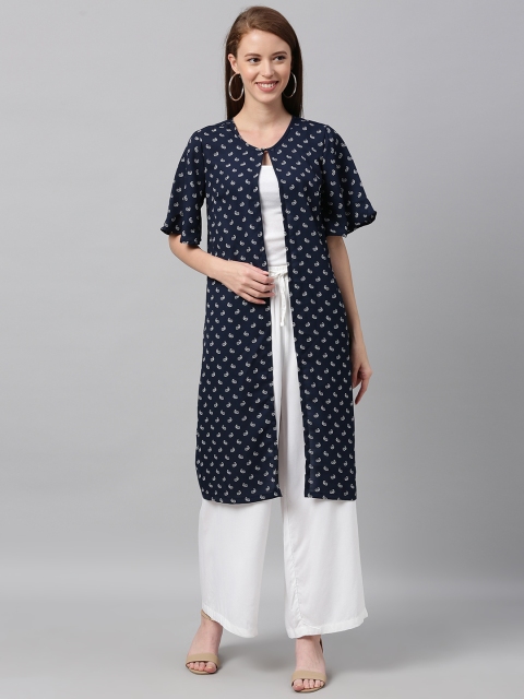 

Sera Women Navy Blue & White Ethnic Printed Button Longline Shrug