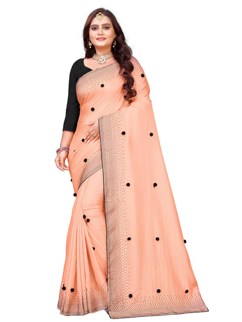 

M Venture Peach-Coloured & Black Embellished Beads and Stones Silk Blend Venkatgiri Saree
