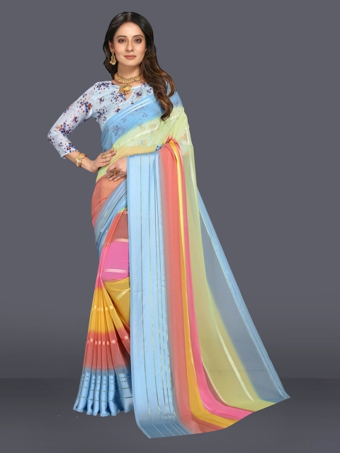 

M Venture Blue & Green Striped Satin Mangalagiri Saree