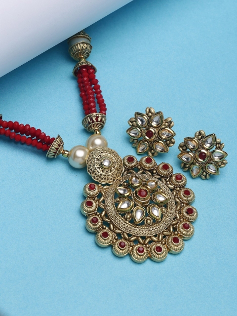 

PANASH Gold-Plated Red Kundan Studded& Beaded Jewellery Set