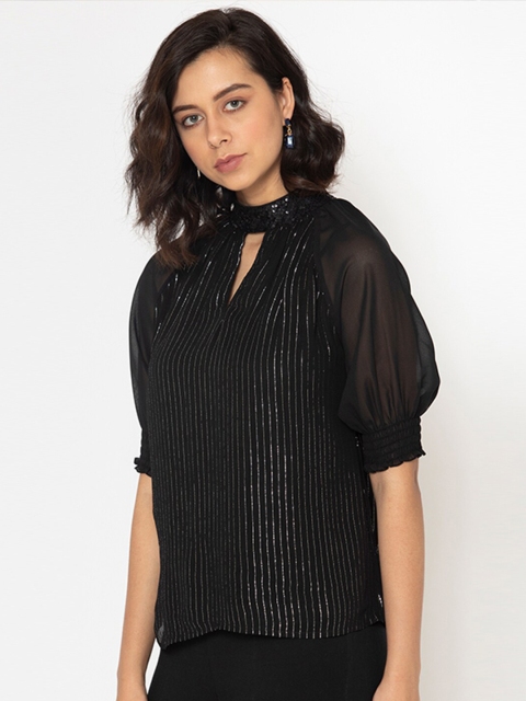 

SHAYE Black Striped Tie-Up Neck Sheen Georgette Top