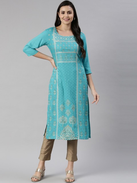 

Marcia Women Blue Ethnic Motifs Thread Work Straight Kurta