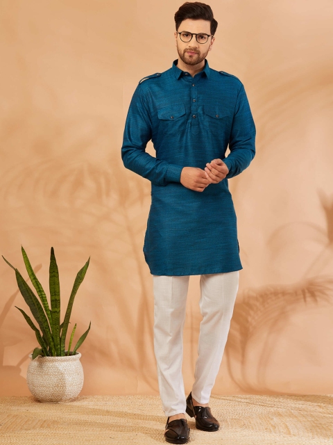 

Armaan Ethnic Men Turquoise Blue Angrakha Pure Cotton Kurta with Trousers