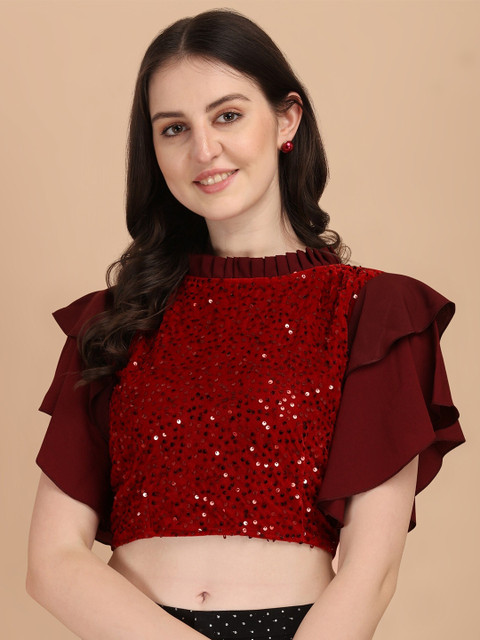 

LEXREX Party Layered Embellished Women's Maroon Top