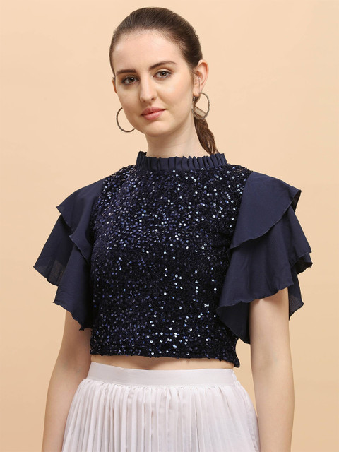 

LEXREX women Blue Embellished Scuba Velvet Styled Back Crop Top