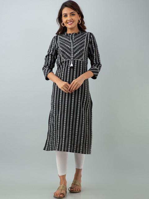 

Charu Women Black & White Striped Thread Work Kurta