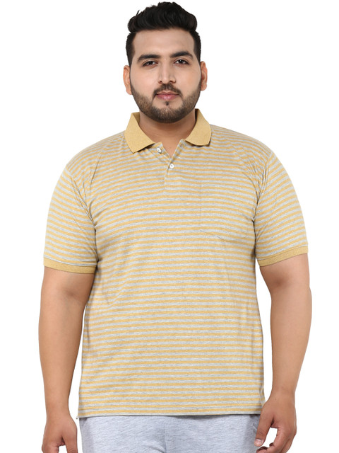 

John Pride Plus Size Men Yellow Striped Polo Collar T-shirt