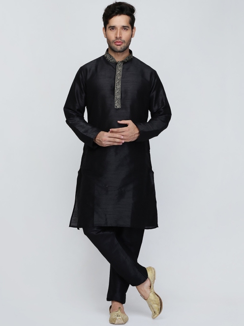 

ROYAL KURTA Men Black Embroidered Pleated Dupion Silk Kurta with Pyjamas