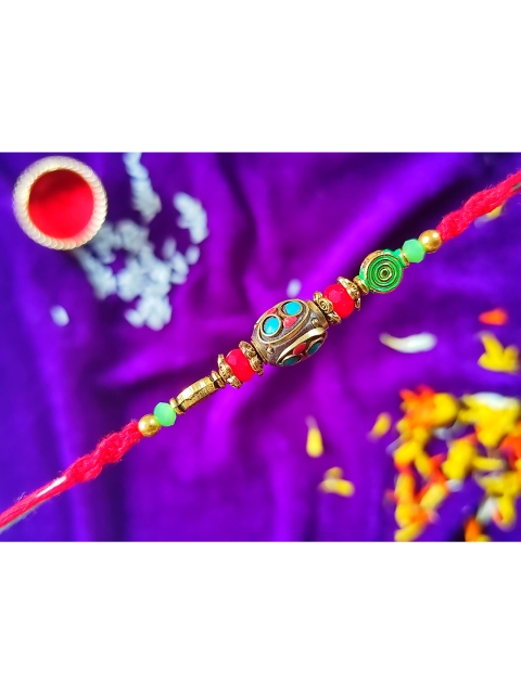 

CRAYTON Red Stone Studded & Beaded Rakhi With Roli Chawal