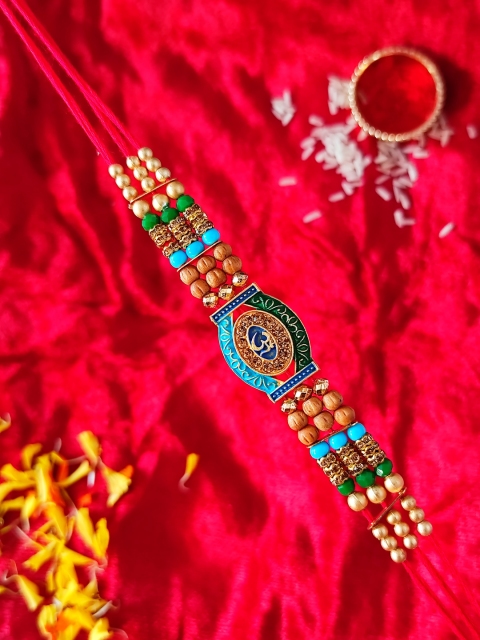 

CRAYTON Red & Green Beaded Om Rakhi With Roli Chawal