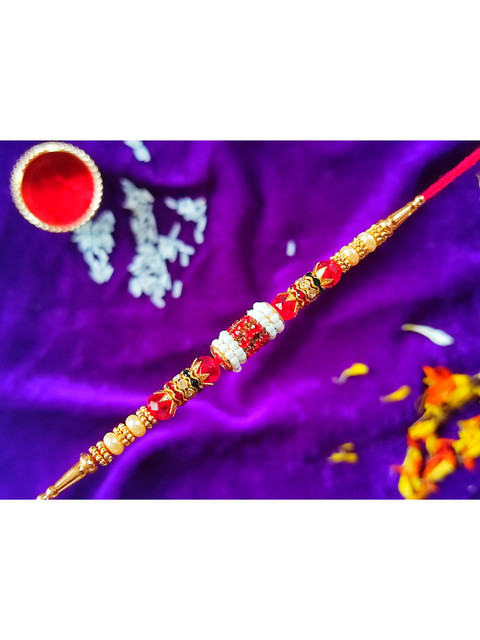 

CRAYTON Red Stone Studded & Beaded Rakhi With Roli Chawal, Multi
