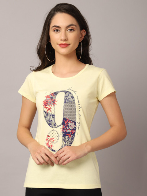 

Crozo By Cantabil Women Yellow Typography Printed T-shirt