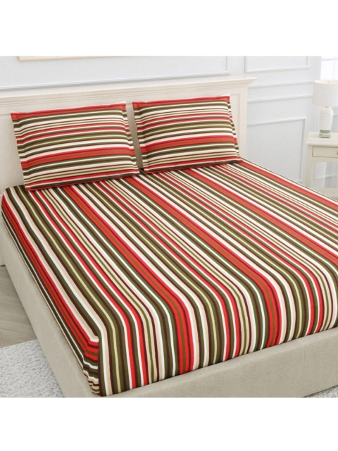 

haus & kinder Green & White Striped 144 TC Queen Bedsheet with 2 Pillow Covers