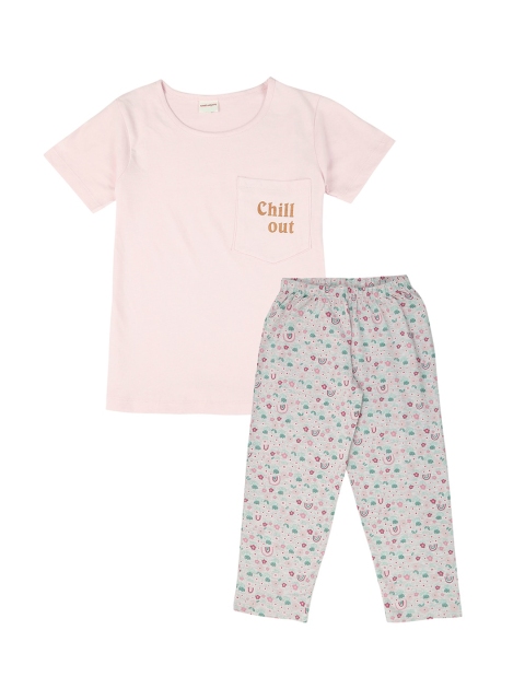 

RAINE AND JAINE Girls Pink & Green Printed Night suit