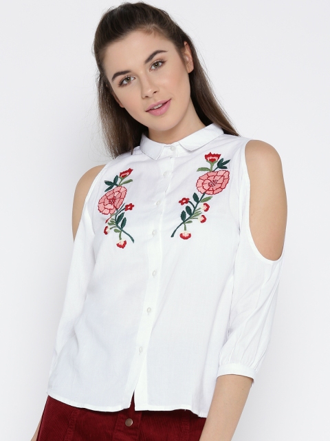 

Vaak Women White Solid Casual Shirt with Cold Shoulder Detail