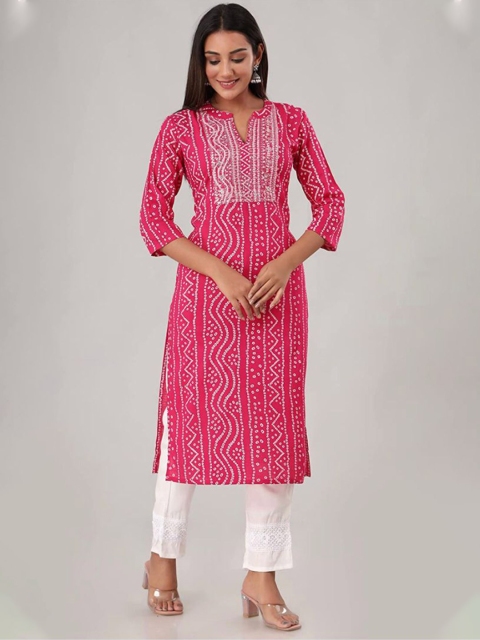 

MIRAVAN Women Pink & White Bandhani Printed Straight Kurta