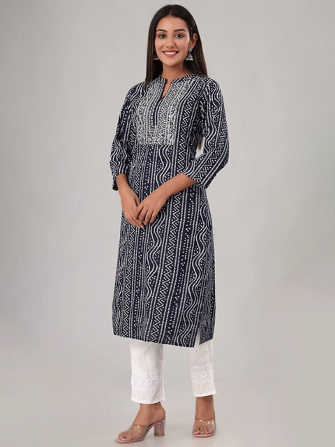 

MIRAVAN Women Blue Bandhani Yoke Design Rayon Kurta