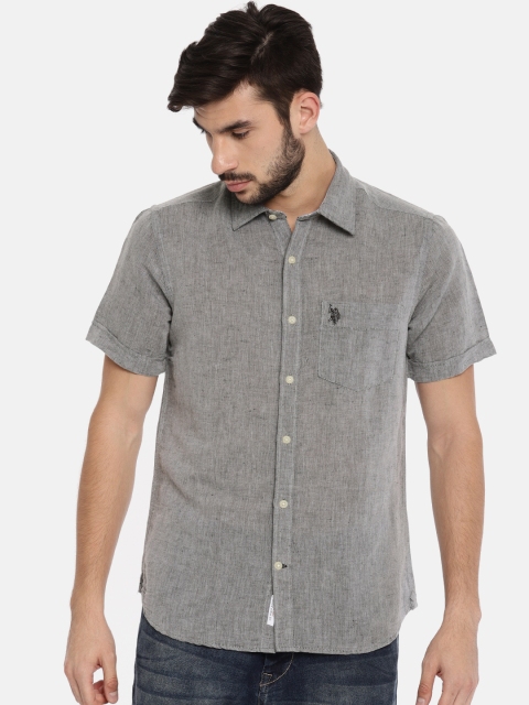 

U.S. Polo Assn. Men Grey Tailored Fit Solid Casual Linen Shirt