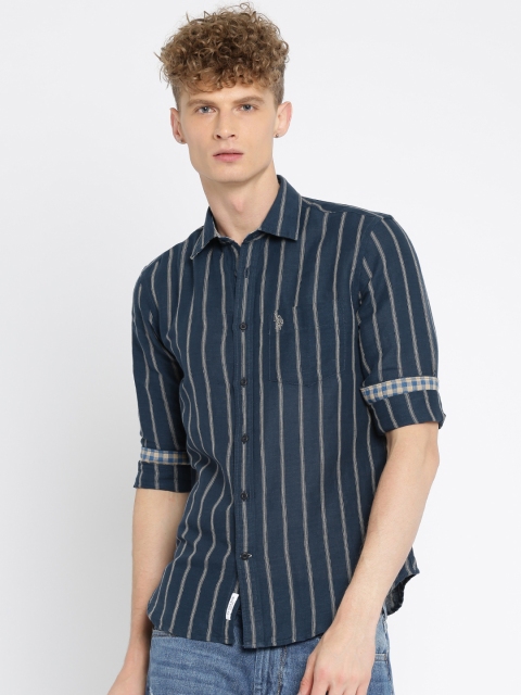 

U.S. Polo Assn. Men Navy Tailored Fit Striped Casual Shirt, Navy blue