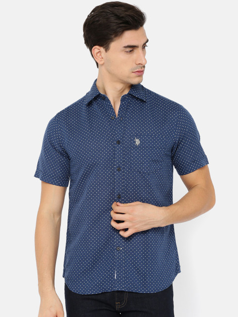 

U.S. Polo Assn. Men Navy Tailored Fit Printed Casual Shirt, Navy blue
