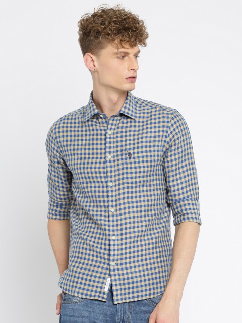 

U.S. Polo Assn. Men Blue & Beige Tailored Fit Checked Casual Shirt