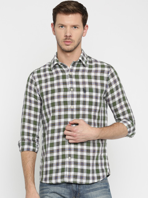 

U.S. Polo Assn. Men Olive Green & White Checked Tailored Fit Casual Shirt