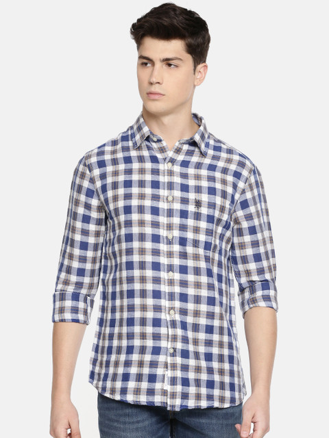 

U.S. Polo Assn. Men White & Blue Tailored Fit Checked Casual Shirt
