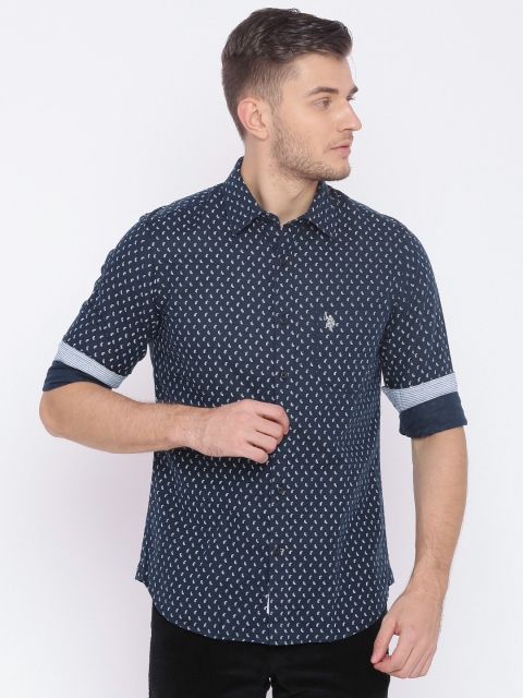 

U.S. Polo Assn. Men Navy & White Tailored Fit Printed Casual Shirt, Navy blue