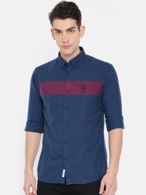 

U.S. Polo Assn. Men Navy Blue & Pink Colourblocked Tailored Fit Solid Casual Shirt