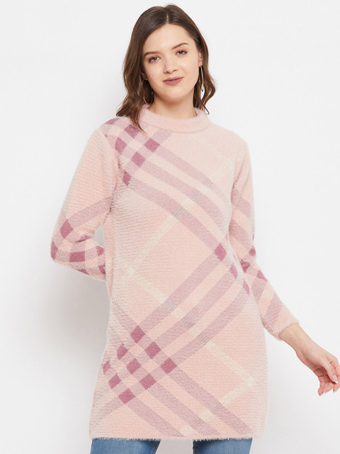 

Knitstudio Women Pink & White Checked Longline Pullover Sweaters