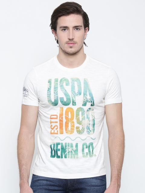 

U.S. Polo Assn. Denim Co. Men Off-White Printed Round Neck Pure Cotton T-shirt