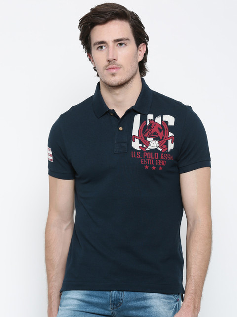 

U.S. Polo Assn. Denim Co. Men Navy Blue Printed Polo Collar Pure Cotton T-shirt