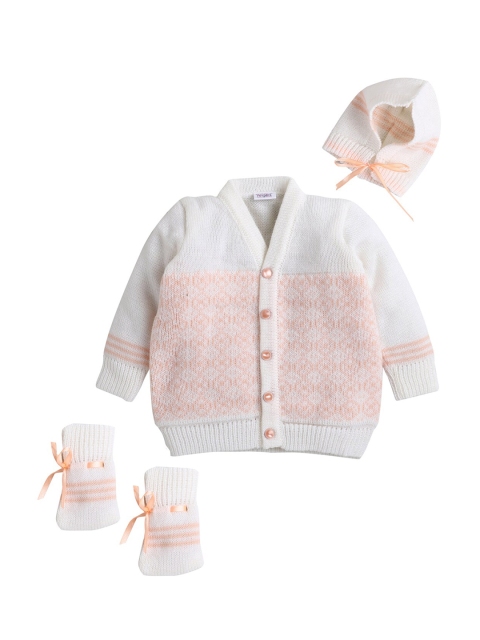 

Little Angels Unisex Kids Peach-Coloured & White Cable Knit Cardigan