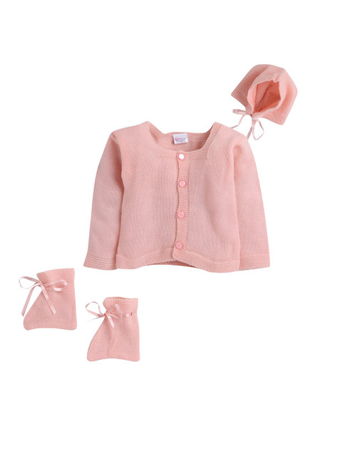 

Little Angels Girls Pink Full Sleeves Sweater Set With Matching Cap and Pair of Socks