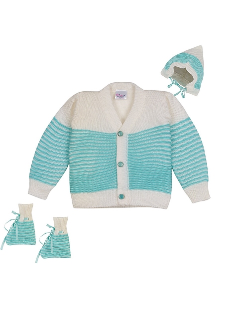 

Little Angels Unisex Kids Green & White Striped Cardigan with Beanie & Booties