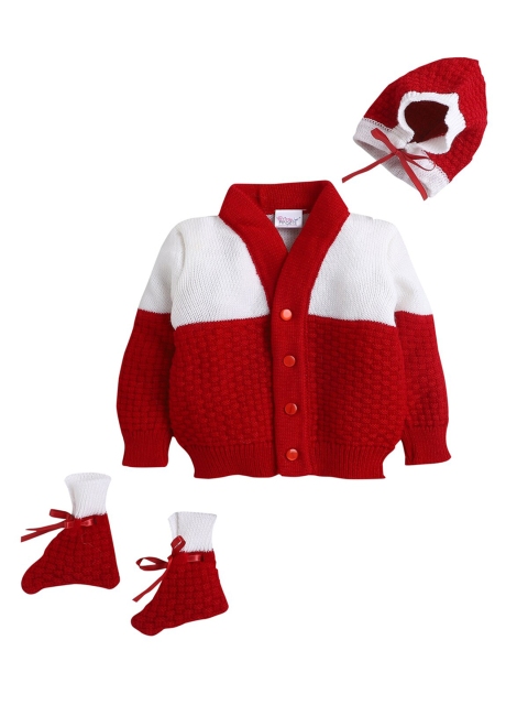 

Little Angels Unisex Kids Red & White Colourblocked Cardigan set