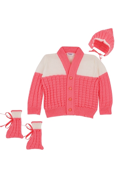 

Little Angels Girls Pink & White Colourblocked Cardigan With Beanie & Booties