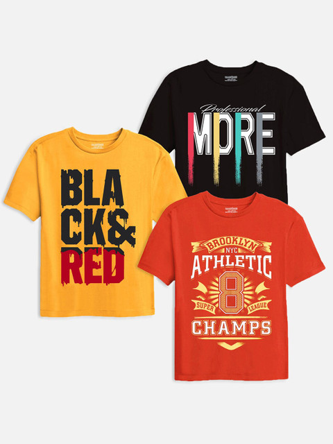 

Trampoline Boys Yellow & Red Pack Of 3 Typography Printed T-shirt