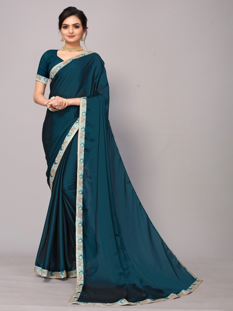 

KALINI Blue & Silver-Toned Embroidery Border Celebrity Saree