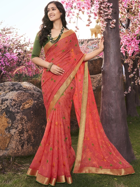 

Shaily Women Pink & Green Floral Brasso Saree