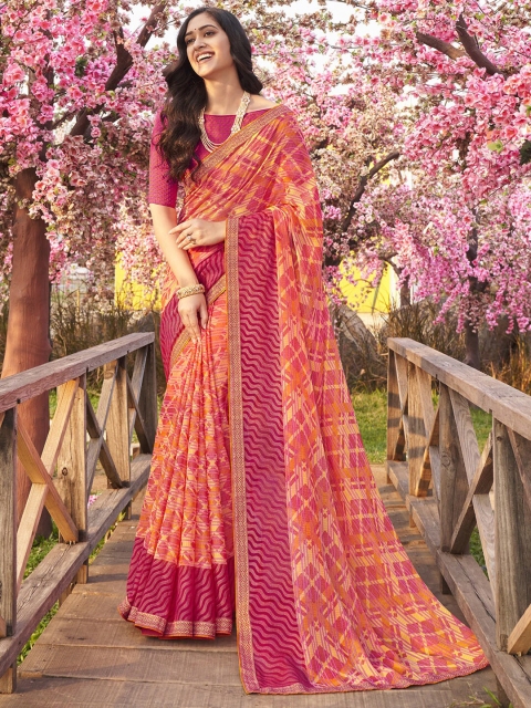 

Shaily Pink Geometric Print Brasso Saree With Unstitched Blouse