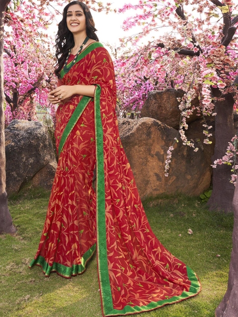 

Shaily Red & Green Floral Brasso Saree