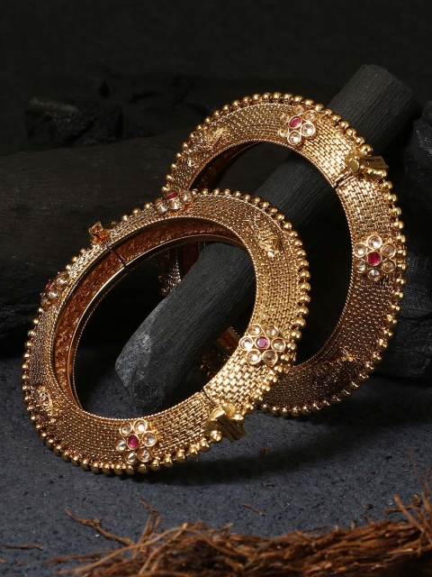 

Adwitiya Collection Set of 2 24 CT Gold-Plated Pink Stone Studded & Beaded Handcrafted Bangles