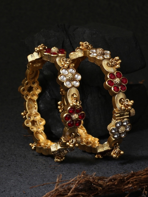 

Adwitiya Collection Set of 2 Gold-Plated White & Pink Stone Studded & Beaded Ghungroo Bangle