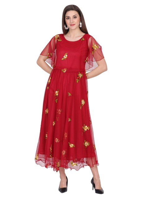 

NOBEY Maroon Floral Embroidered Net Formal Maxi Dress