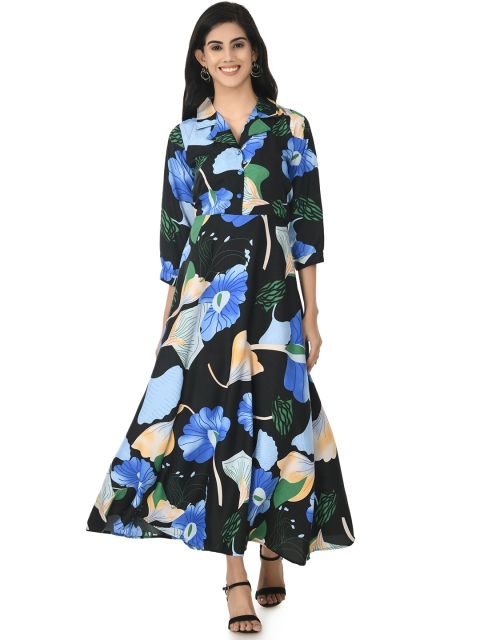 

NOBEY Black Floral Linen Crepe Formal Shirt Maxi Dress