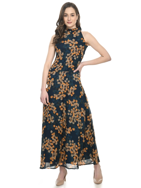 

NOBEY women's Green & Yellow Floral Georgette Maxi Dress