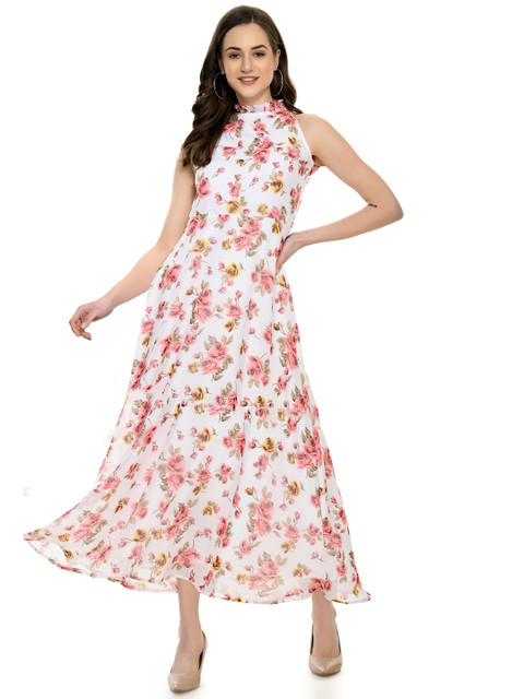 

NOBEY White Floral Georgette Formal Maxi Dress