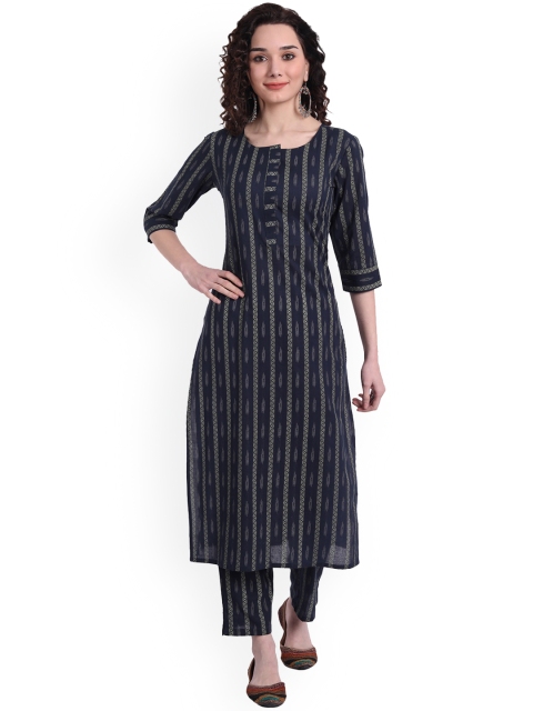 

Haute and Humble Women Blue Striped Pleated Pure Cotton Kurti with Trousers