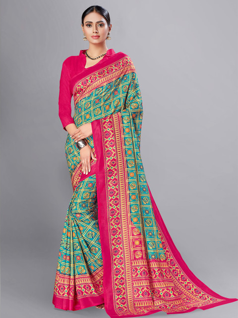 

VIMLA Turquoise Blue & Rose Kalamkari Art Silk Mysore Silk Saree